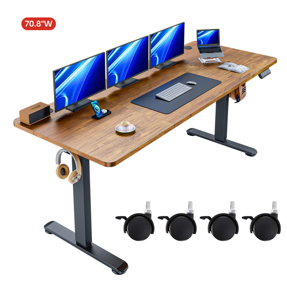 Legooin 70.8"W Electric Standing Desk with Wheels Height Adjustable from 28"-46" Stand Up Desk Office Table for Home Office Dorm, Rustic Brown