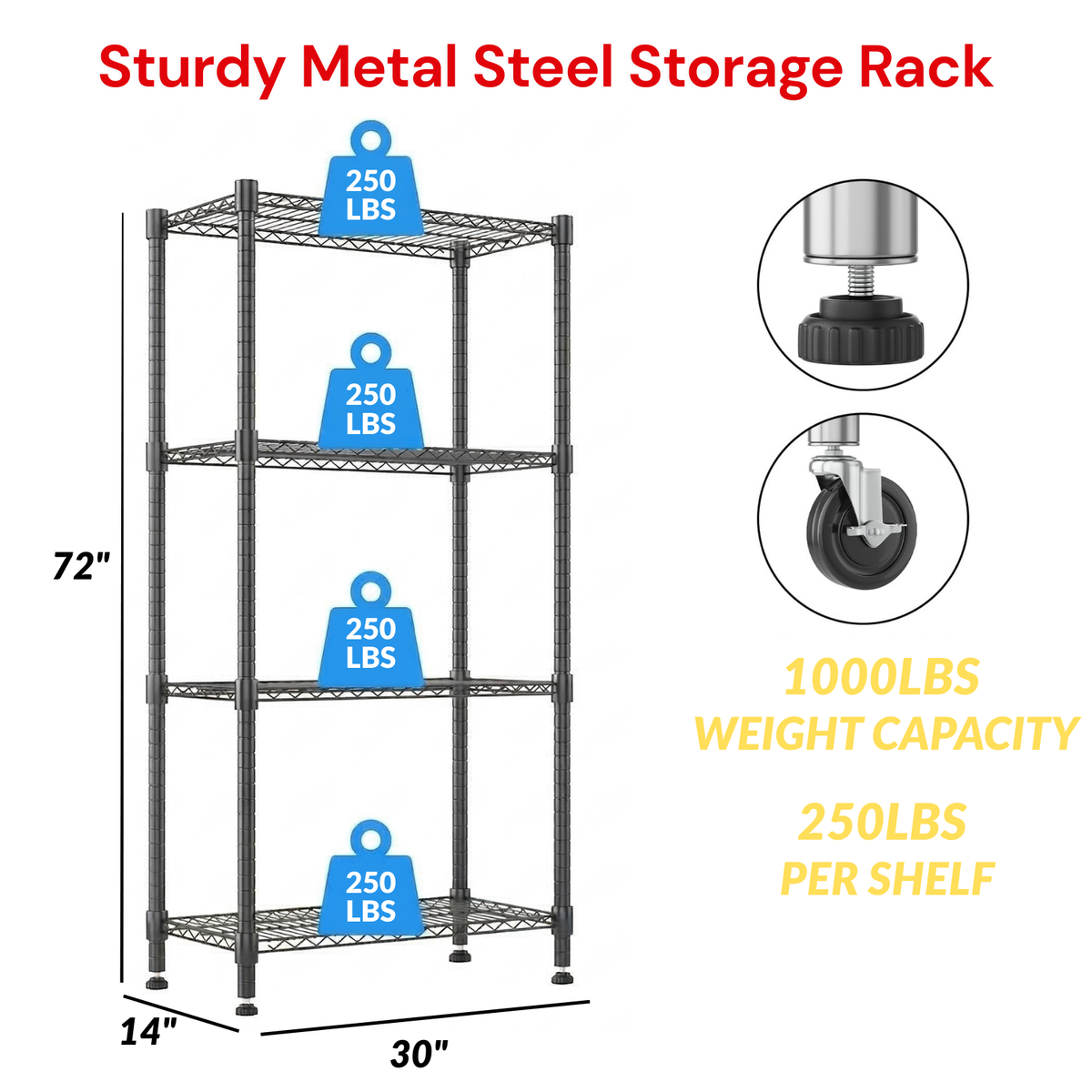 Legooin 30"x14"x72" Kitchen Storage Rack Wire Shelving Unit on Wheels Height Adjustable Metal Shelf for Pantry Office, Black