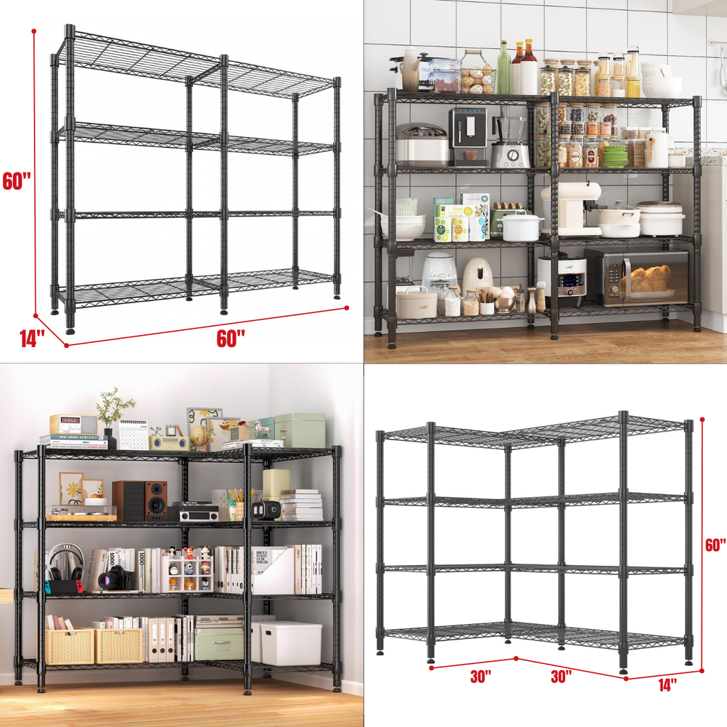 Legooin 60x14x60 inch Garage Shelving Height Adjustable Corner Storage Rack Wire Shelves for Industrial Residential Storage, Black