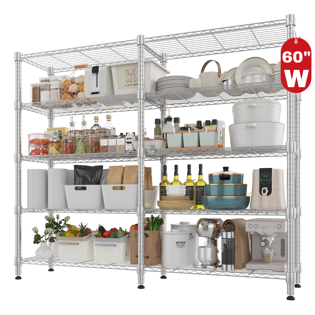 Legooin 5-Tier Garage Rack for Storage Wire Cube Storage Rack Height Adjustable Corner Shelving Unit for Pantry Balcony 60"W x 14"D x 72"H, Silver