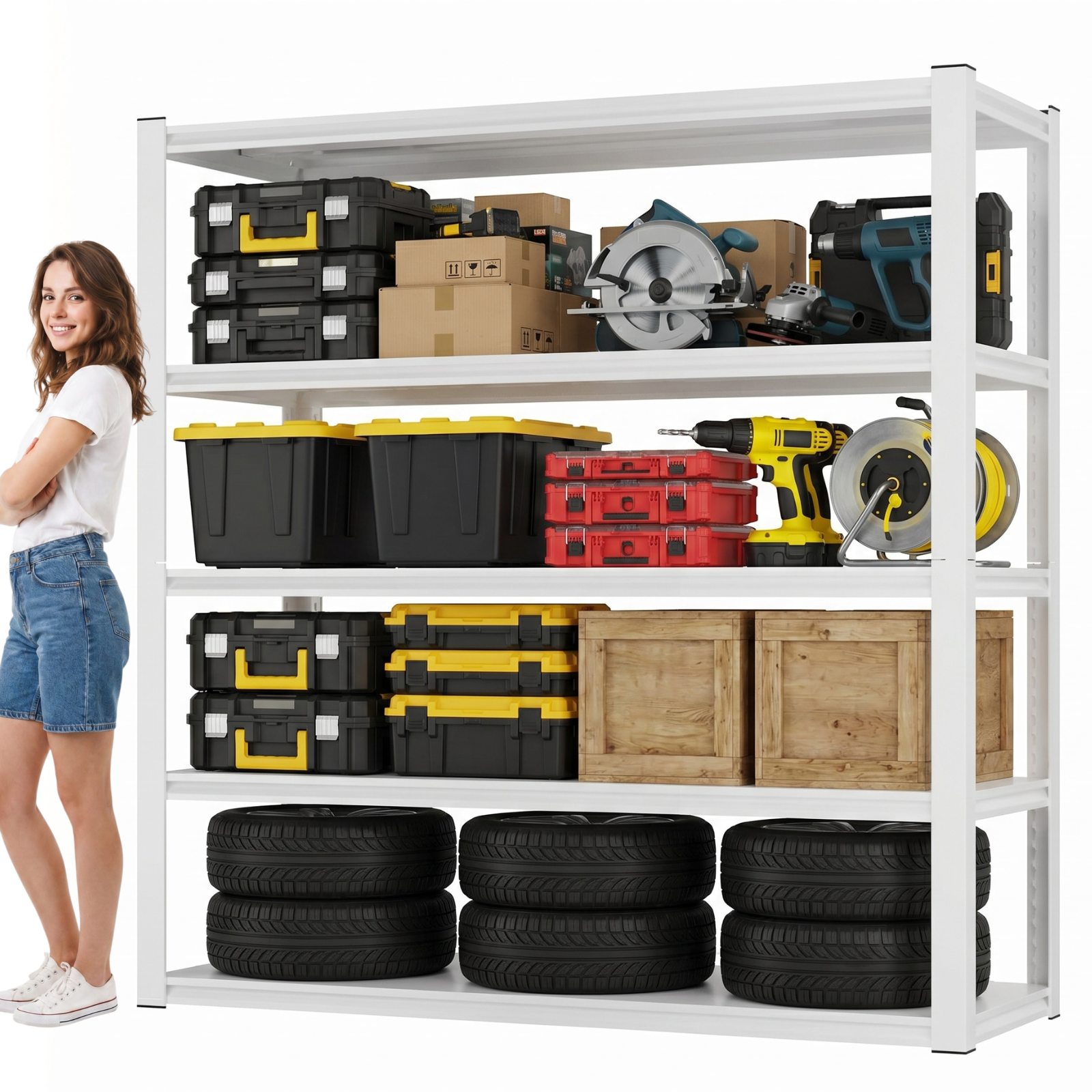Legooin 24x48x72 inch Heavy Duty Garage Shelving Height Adjustable Storage Rack 5-Tier Metal Shelves for Industrial Residential Use 3000 lbs Load Capacity, White