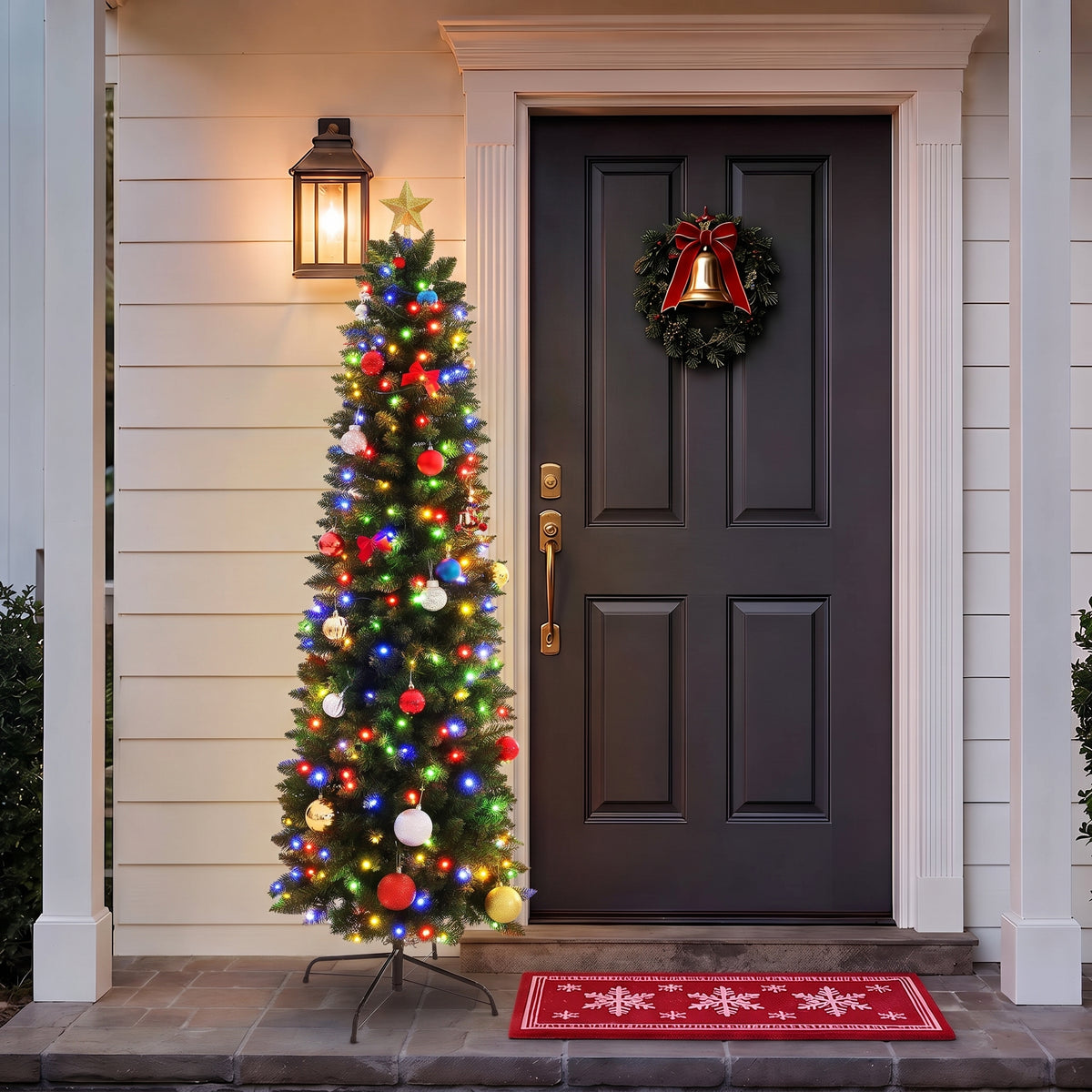 Legooin 6ft Pre-lit Pencil Christmas Tree with 250 Colored Lights+570 PVC Branch Tips Slim Green Artificial Christmas Tree Holiday Ornaments, 2.2ft Dia