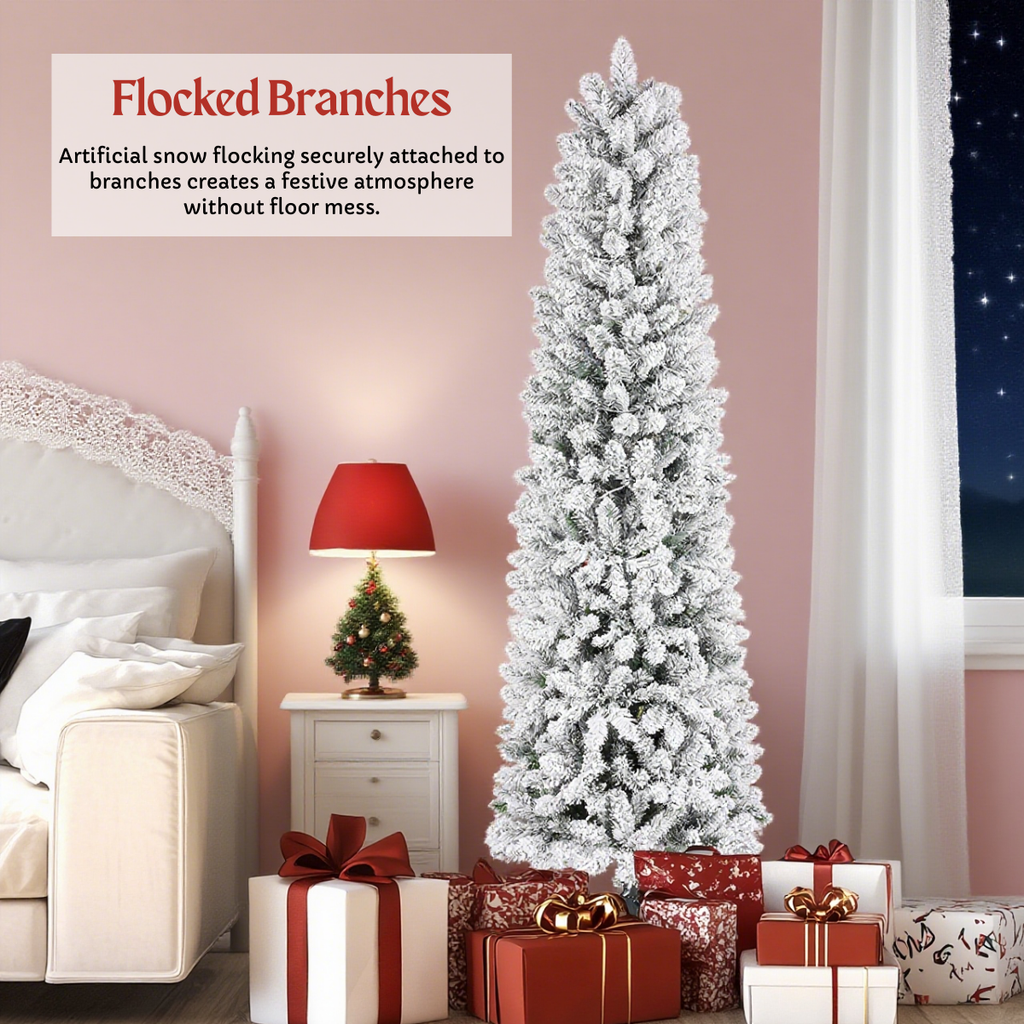 Legooin 6FT Slim Flocked Christmas Tree with 250 Warm White Lights, 500 PVC Branch Tips, Hinged Artificial Tree for Christmas Decor