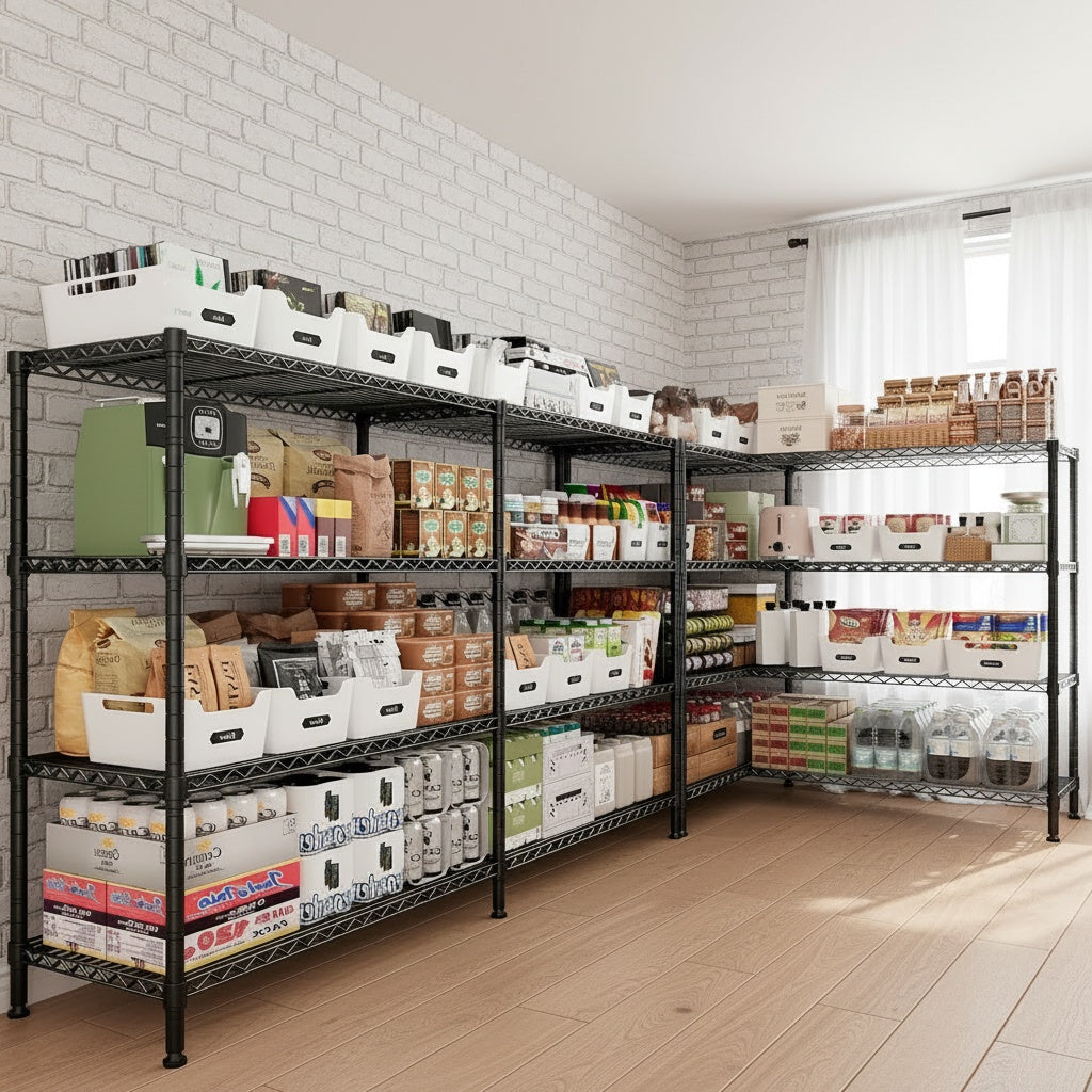 Legooin 72x18x60 inch Ultra-Wide Wire Shelving Garage Organizer 4-Tier Adjustable Industrial Shelf Corner Storage Rack 1600lbs Load Capacity, Black