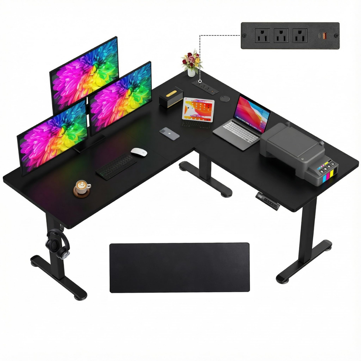 Legooin 63x55 inch L-Shaped Standing Desk with Power Strip, Height Adjustable Computer Desk for Multi-Device Setup, with Headphone Hook and Cable Management, for Home Office Dorm, Black