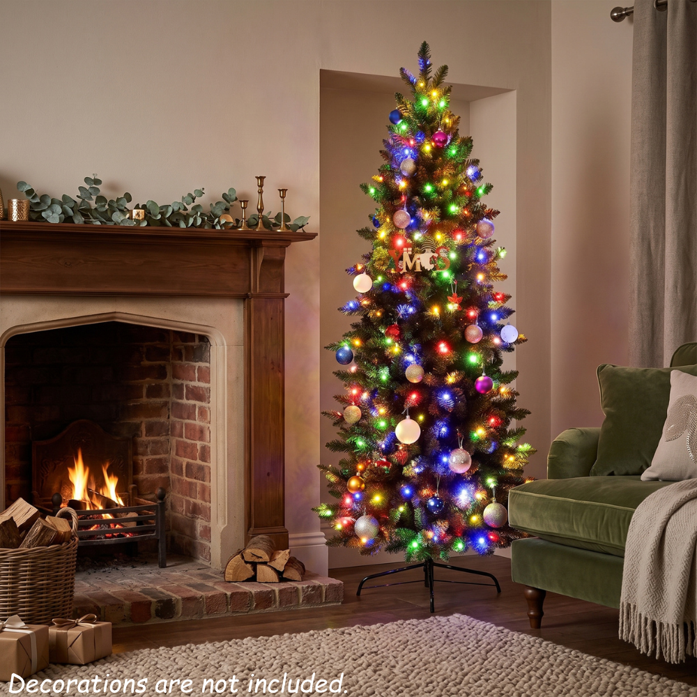 Legooin 6.5FT Pre-Lit Realistic Christmas Tree Slim Artificial Tree Pencil Decorative Xmas Tree with 700 Branch Tips 250 Multicolor Lights 50 Pinecones 50 Berries, Green