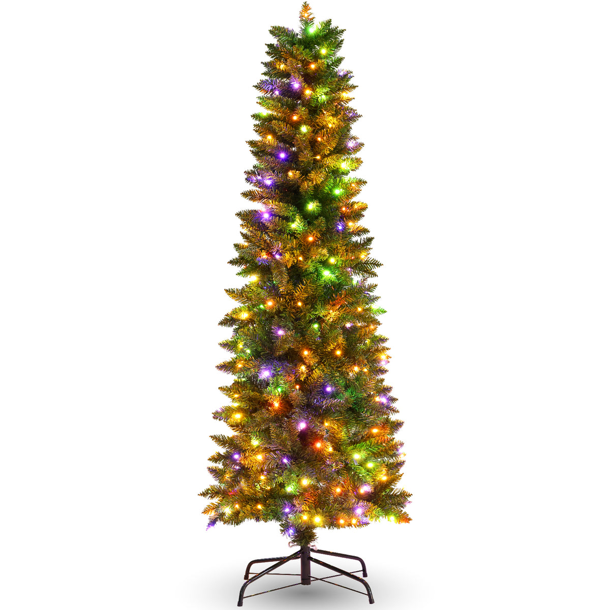 Legooin 7.5FT Pre-Lit Pencil Christmas Tree with 350 Multicolor LED Lights, 980 PVC Branch Tips, Slim Artificial Christmas Tree, Green