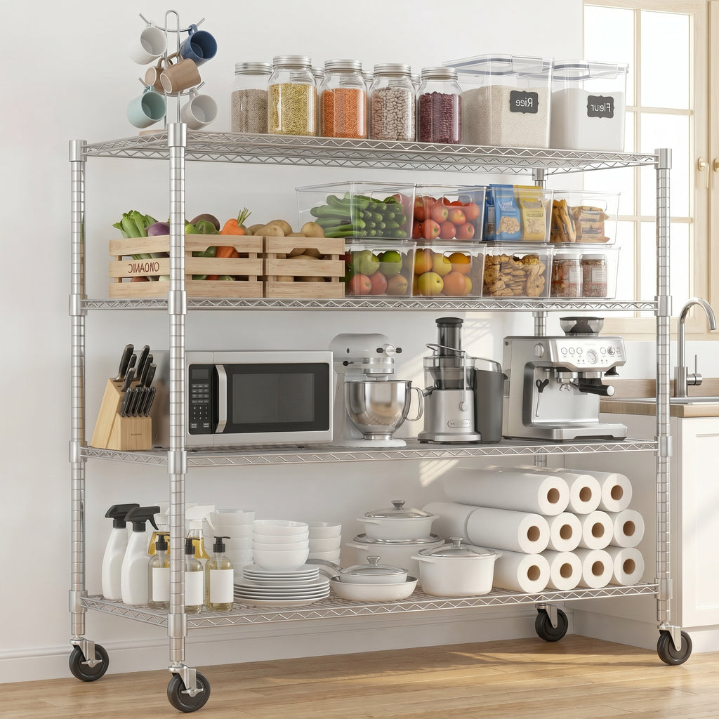 Legooin 60"W x 18"D x 72"H Heavy Duty Garage Shelving Unit on Wheels Storage Rack Height Adjustable Organizer Rack for Warehouse Pantry, Silver