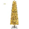 Legooin 6FT Slim Flocked Christmas Tree with 250 Warm White Lights, 500 PVC Branch Tips, Hinged Artificial Tree for Christmas Decor