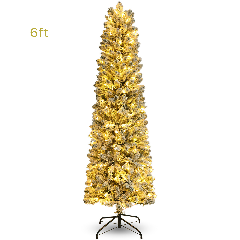 Legooin 6FT Slim Flocked Christmas Tree with 250 Warm White Lights, 500 PVC Branch Tips, Hinged Artificial Tree for Christmas Decor