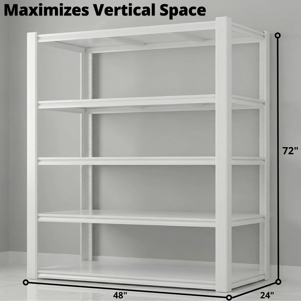 Legooin 24x48x72 inch Heavy Duty Garage Shelving Height Adjustable Storage Rack 5-Tier Metal Shelves for Industrial Residential Use 3000 lbs Load Capacity, White