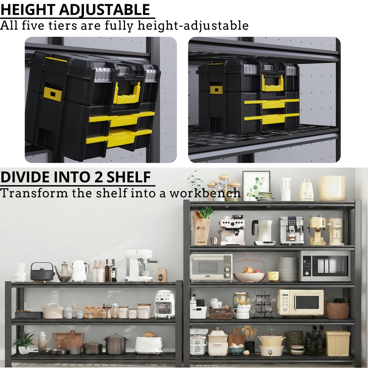 Legooin 5-Tier Heavy Duty Wire Shelf 60"W x 24"D x 72"H Industrial Shelf Adjustable Storage Rack for Garage Warehouse Pantry Capacity of 3000 lbs, Black