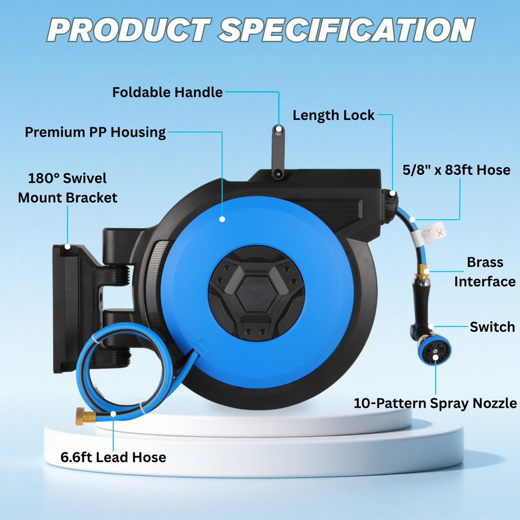 Legooin 82ft x 5/8 in Retractable Hose Reel, Wall Mount Garden Hose Reel for Outdoor Water Hose with 10-Pattern Sprayer Nozzle, Auto Rewind, Length Lock, 180° Swivel