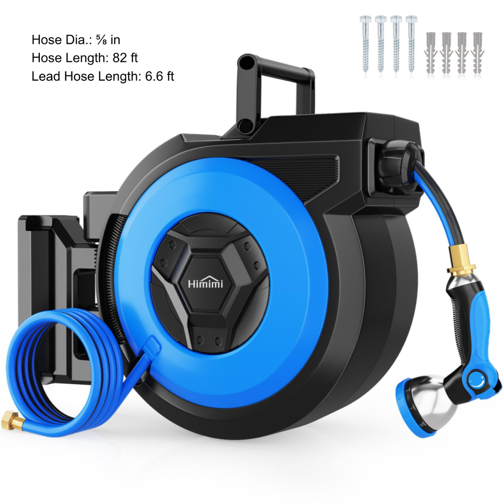 Legooin 82ft x 5/8 in Retractable Hose Reel, Wall Mount Garden Hose Reel for Outdoor Water Hose with 10-Pattern Sprayer Nozzle, Auto Rewind, Length Lock, 180° Swivel