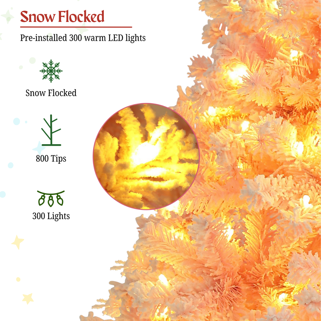 Legooin 6FT Pink Snow Flocked Artificial Christmas Tree, 800 PVC Branch Tips + 300 Warm White Lights, Unique Pink Christmas Decor