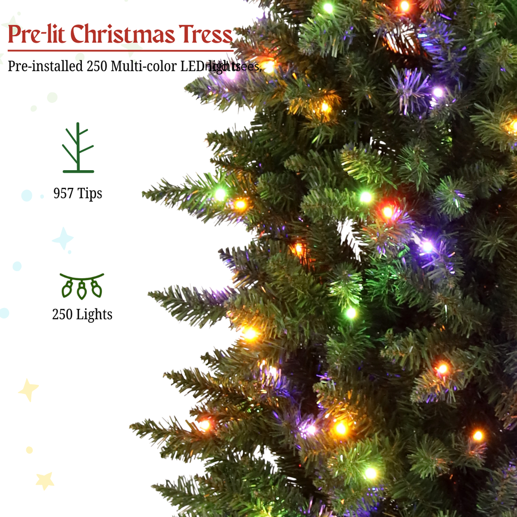 Legooin 6ft Pre-lit Slim Christmas Tree Skinny Hinged Artificial Xmas Tree with 250 Color-Changing Lights+957 Branch Tips