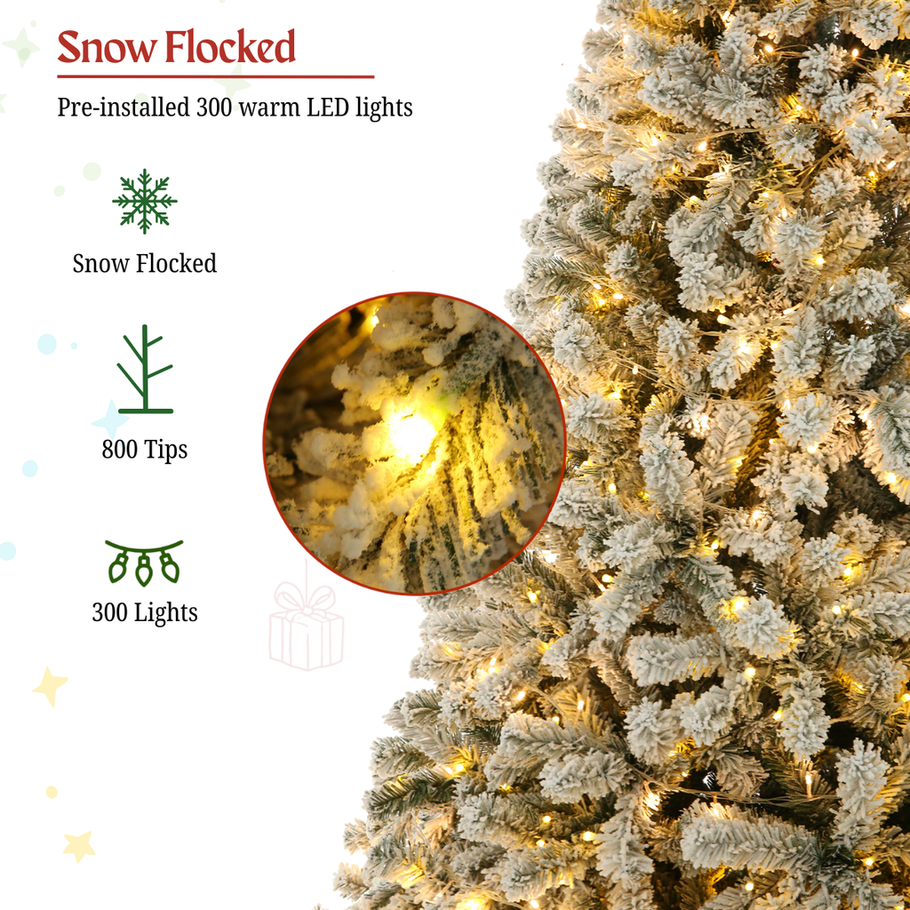 Legooin 6FT Snow Flocked Prelit Christmas Tree with 800 PVC Tips+300 Warm White LED Lights, Hinged Artificial Xmas Tree, Green