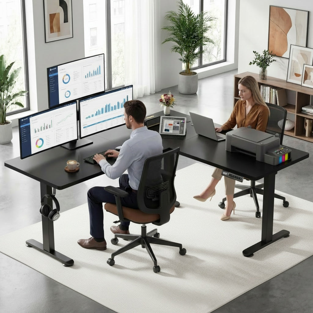 Legooin 63x55 inch L-Shaped Standing Desk with Power Strip, Height Adjustable Computer Desk for Multi-Device Setup, with Headphone Hook and Cable Management, for Home Office Dorm, Black