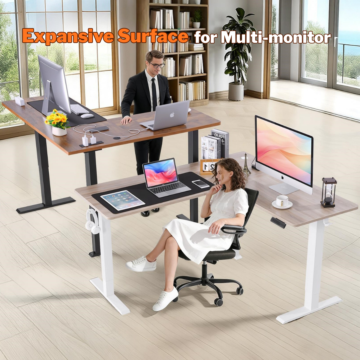 Legooin 63x55 inch L-Shaped Standing Desk with Power Strip, Height Adjustable Computer Desk for Multi-Device Setup, with Headphone Hook and Cable Management, for Home Office Dorm, Black