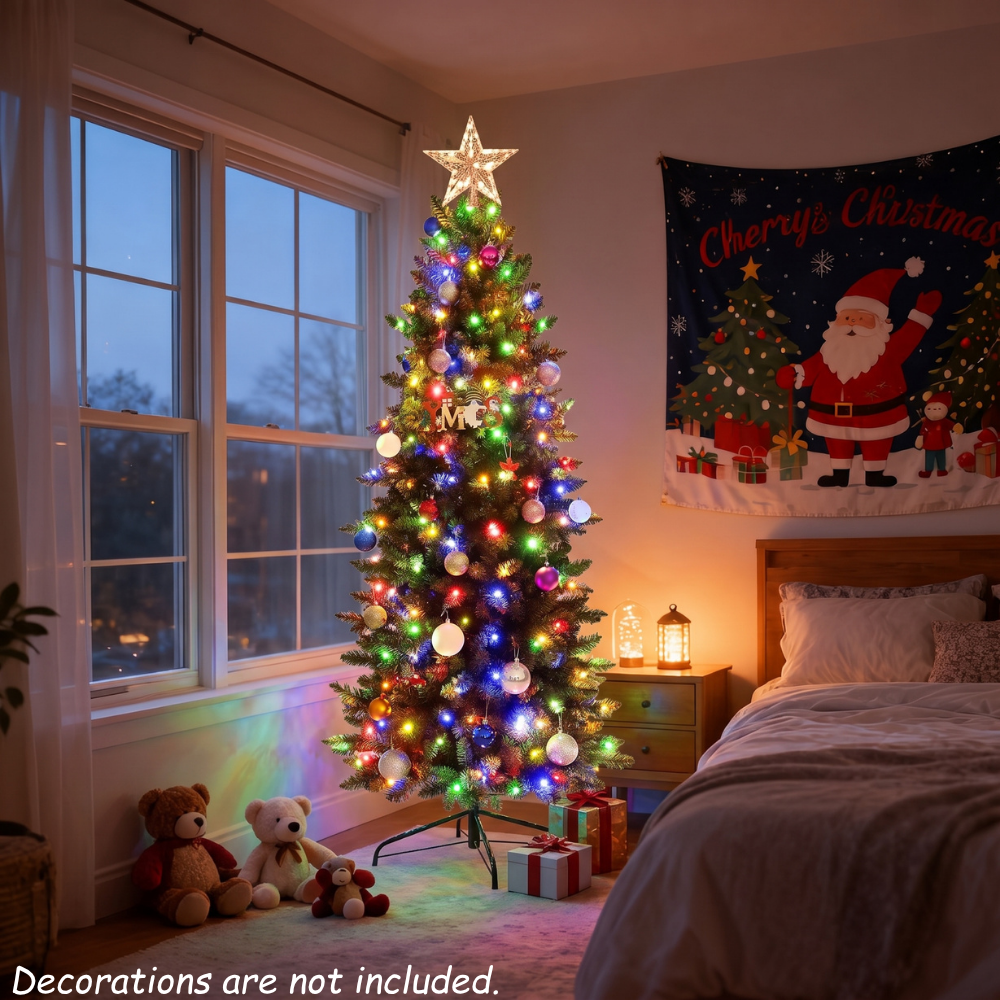 Legooin 6.5FT Pre-Lit Realistic Christmas Tree Slim Artificial Tree Pencil Decorative Xmas Tree with 700 Branch Tips 250 Multicolor Lights 50 Pinecones 50 Berries, Green