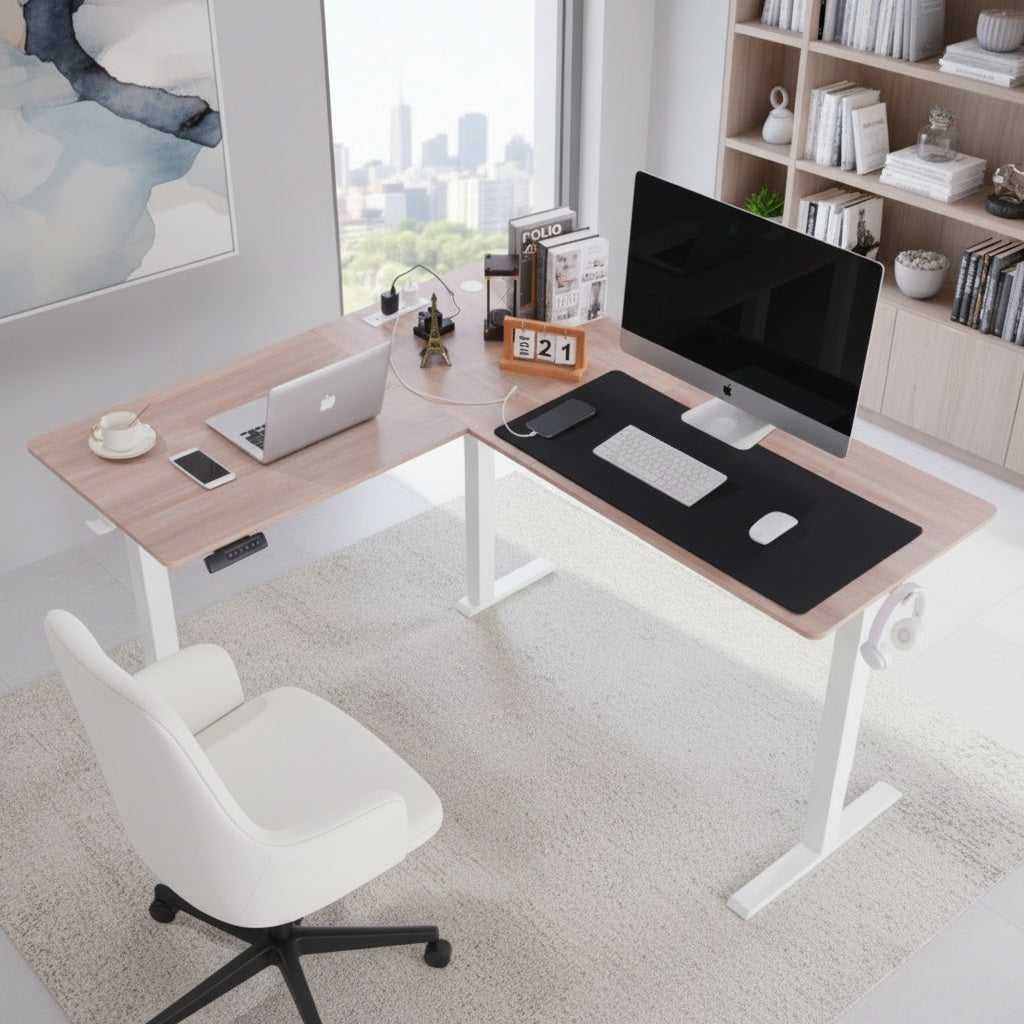 Legooin 63x55 inch L-Shaped Electric Standing Desk Sit Stand Workstation with Power Strip, Height Adjustable Office Desk for Multiple Computers, for Gaming Room Office Home, Oak