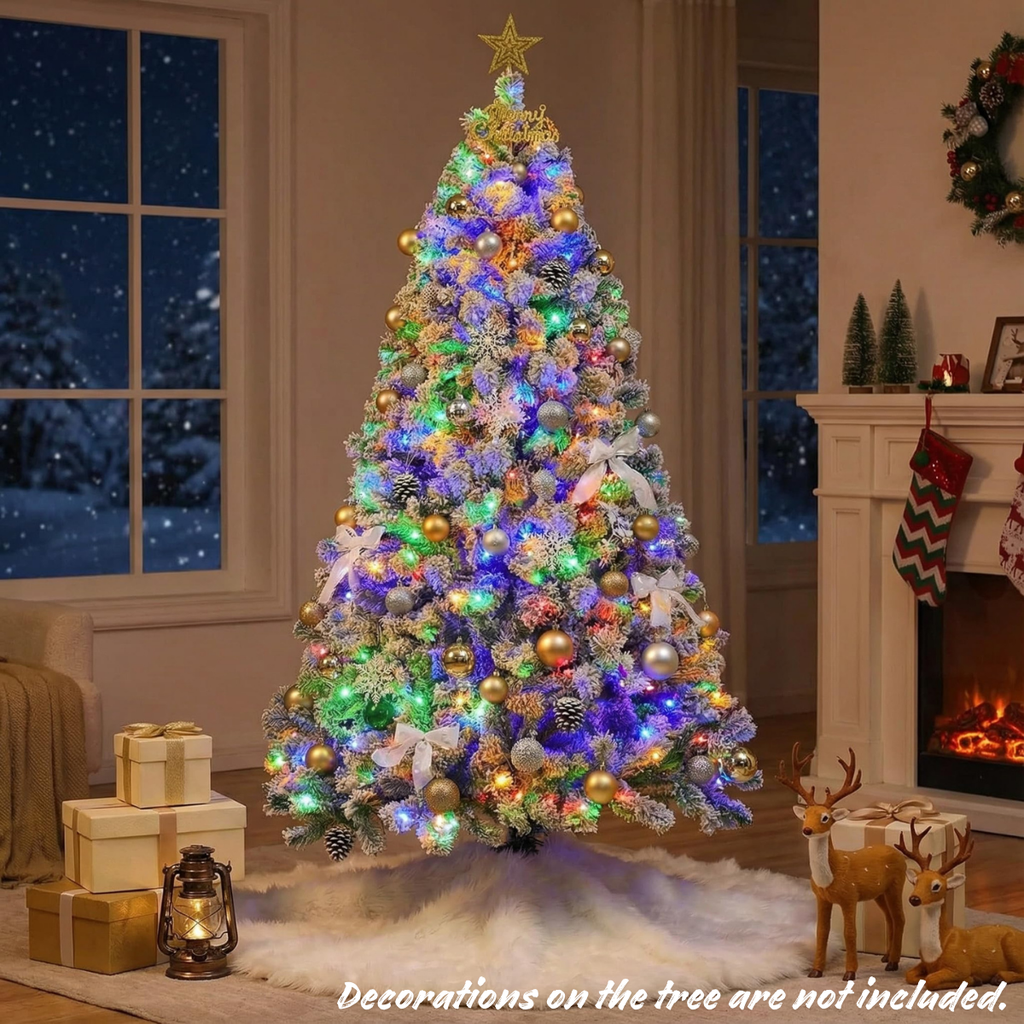 Legooin 6FT Snow Flocked Prelit Artificial Christmas Tree with 300 Colored Lights+800 PVC Branch Tips for Holiday Halloween Christmas Decor