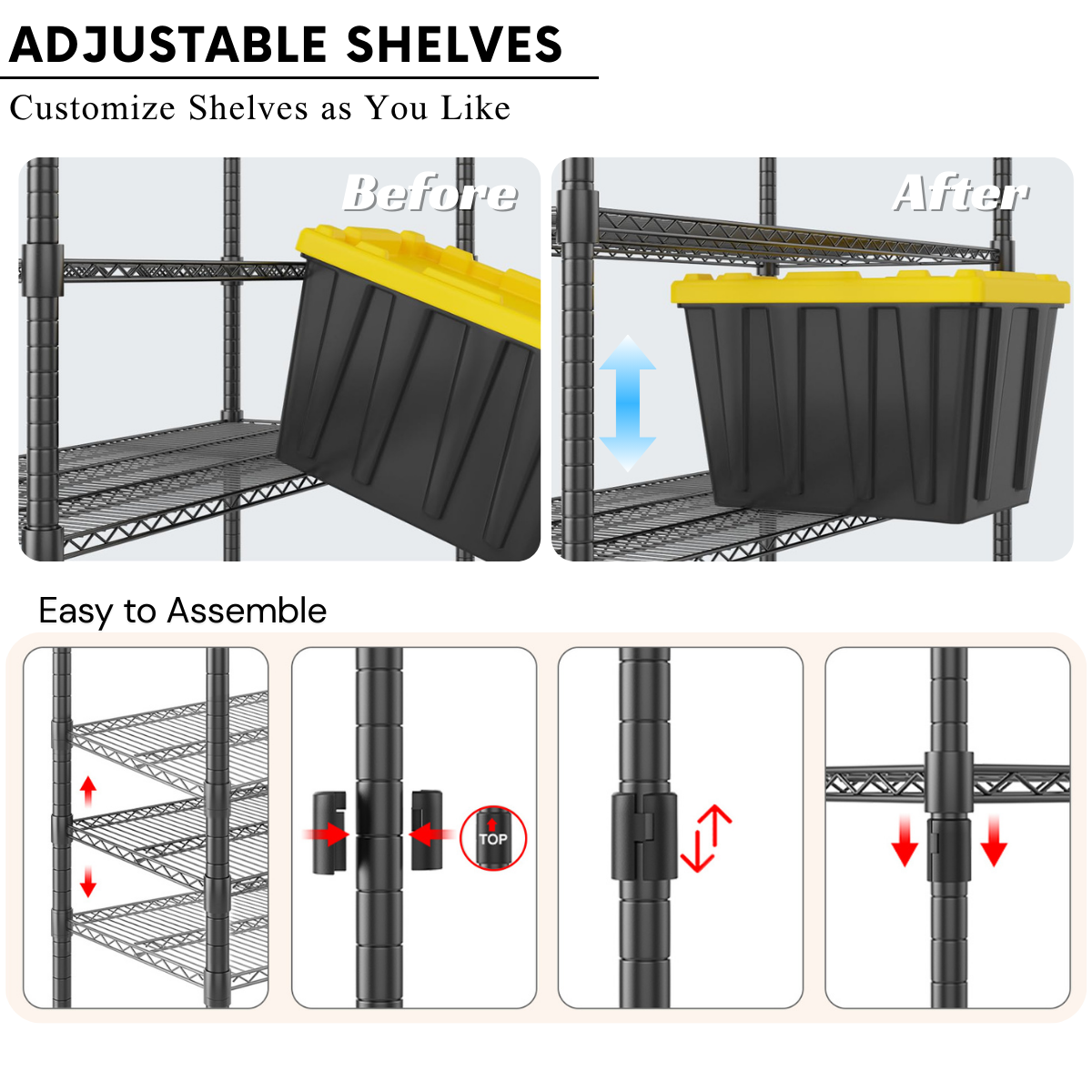 Legooin 5-Tier Heavy Duty Storage Rack with Wheels Industrial Shelving Unit Wire Shelf for Garage Warehouse Pantry, 48"W x 24"D x 82"H, Black