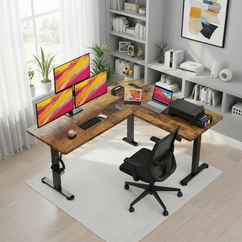 Legooin 63x55 inch L-Shaped Standing Desk with Power Strip, Height Adjustable Sit Stand Desk, with Headphone Hook and Cable Management, for Home Gaming Room Office Dorm, Brown