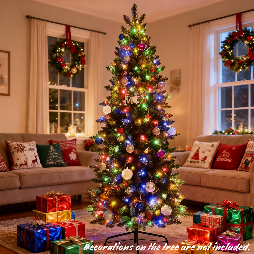 Legooin 6ft Pre-lit Slim Christmas Tree Skinny Hinged Artificial Xmas Tree with 250 Color-Changing Lights+957 Branch Tips