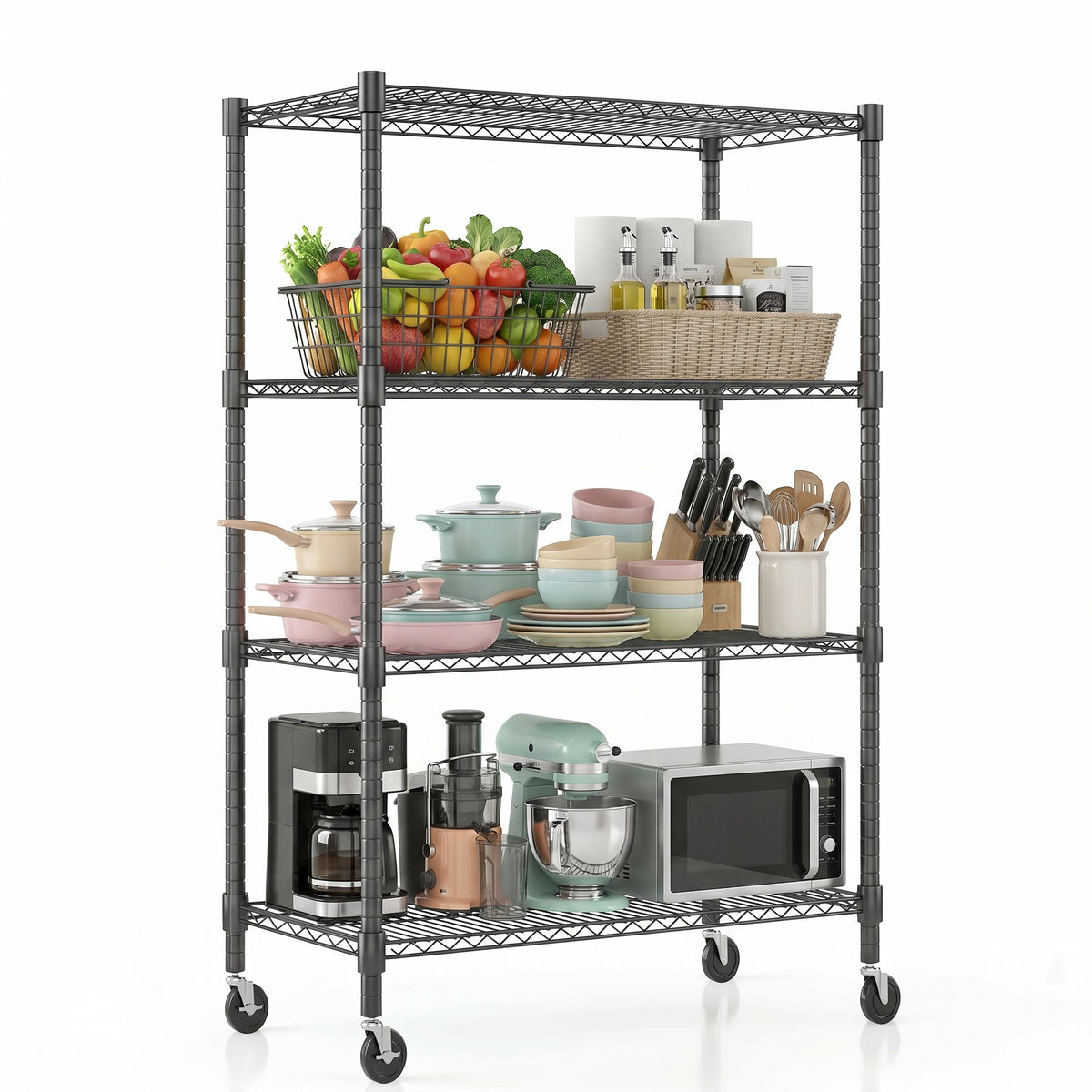 Legooin 18"D x 36"W x 72"H Wire Shelving Unit with Wheels 4-Tier Rolling Garage Shelf Kitchen Storage Rack Capacity for 1600lbs, Black