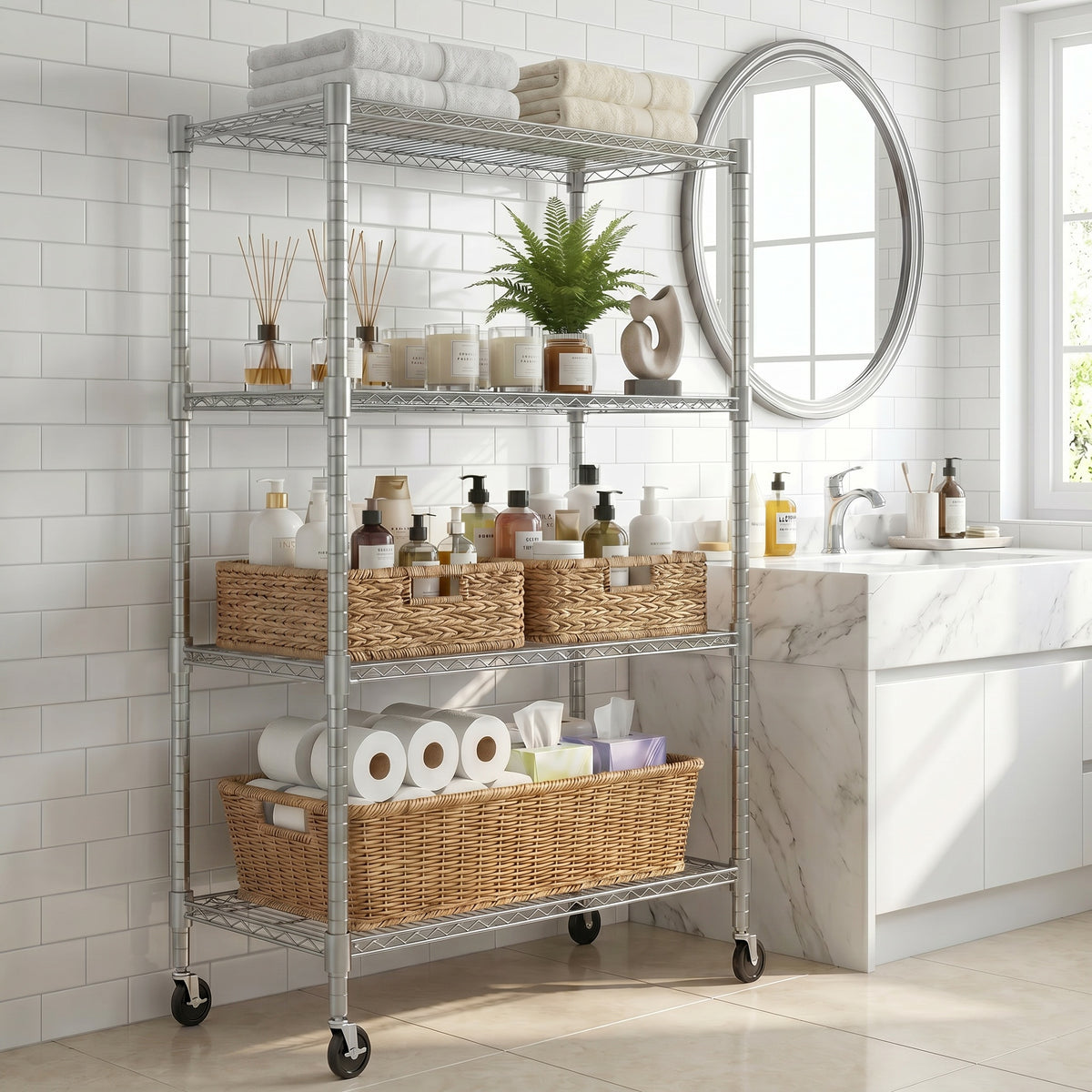 Legooin 18x36x72 inch Rolling Storage Rack 4-Tier Wire Shelving Unit Utility Rack for Garage Kitchen Pantry 1600lbs Load Capacity, Silver