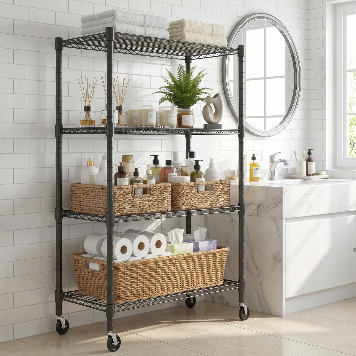 Legooin 18"D x 36"W x 72"H Wire Shelving Unit with Wheels 4-Tier Rolling Garage Shelf Kitchen Storage Rack Capacity for 1600lbs, Black
