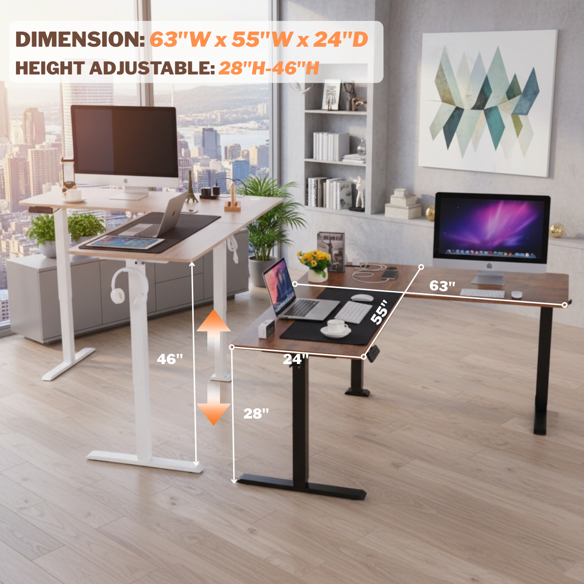 Legooin 63x55 inch L-Shaped Standing Desk Height Adjustable Sit-stand Desk Multi-Monitor Gaming Table Workstation for Home Office Oak