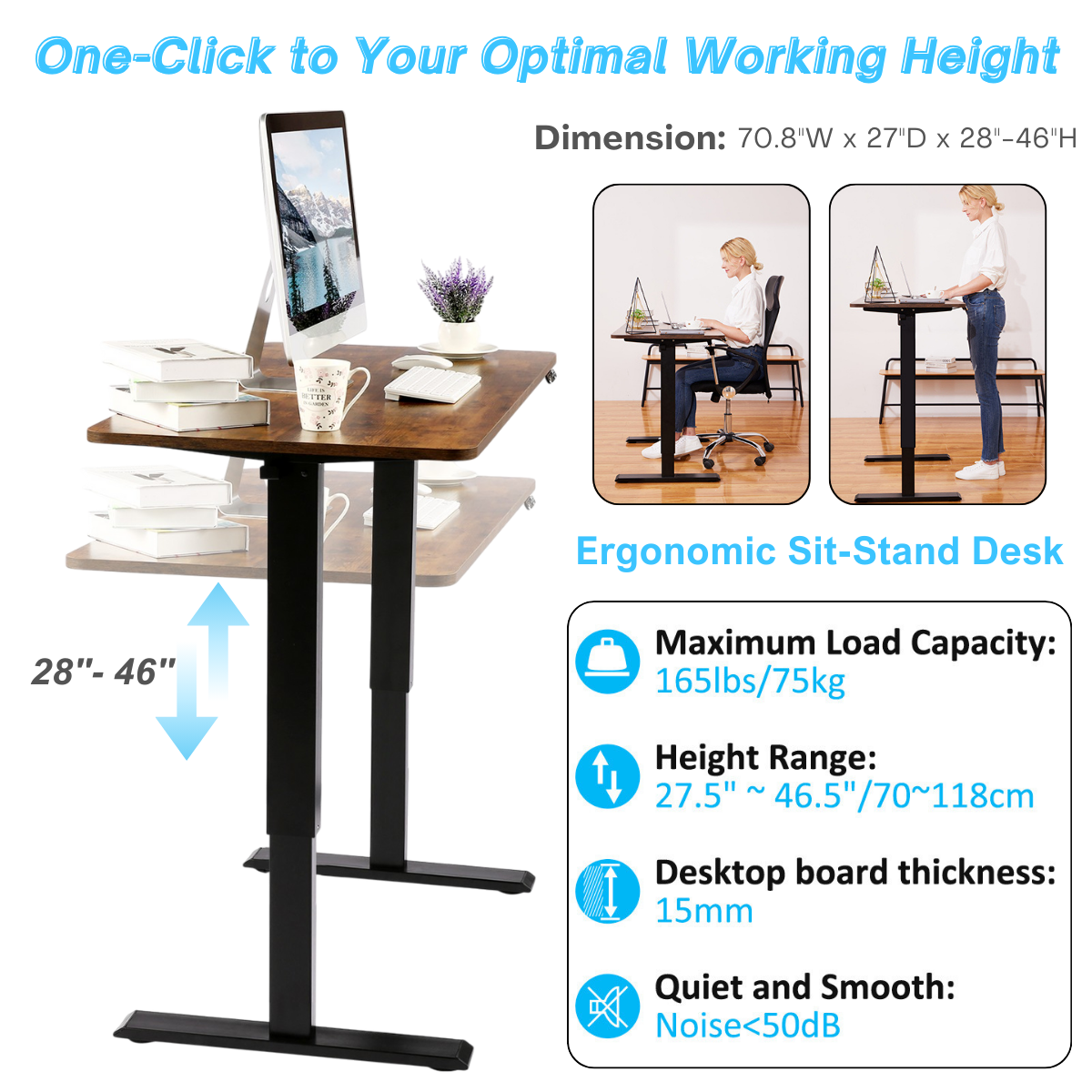 Legooin 70"W Ultra-Wide Electric Standing Desk with Power Strip, Rolling Gaming Desk with Height Adjustment 28"-46" for Home Office Gaming Room, Brown