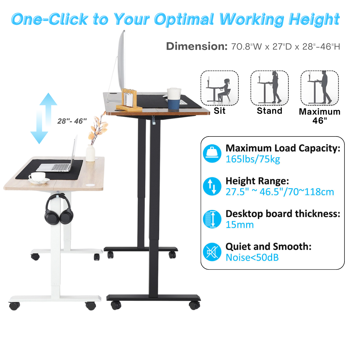 Legooin 70x27 inch Sit Stand Desk Rolling Standing Desk with Power Strip Height Adjustable Office Table Mobile Workstation for Home Office, Oak