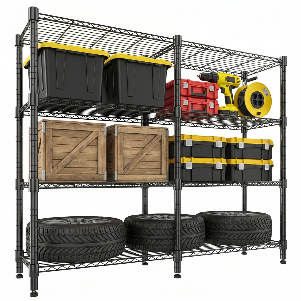 Legooin 72x18x60 inch Ultra-Wide Wire Shelving Garage Organizer 4-Tier Adjustable Industrial Shelf Corner Storage Rack 1600lbs Load Capacity, Black