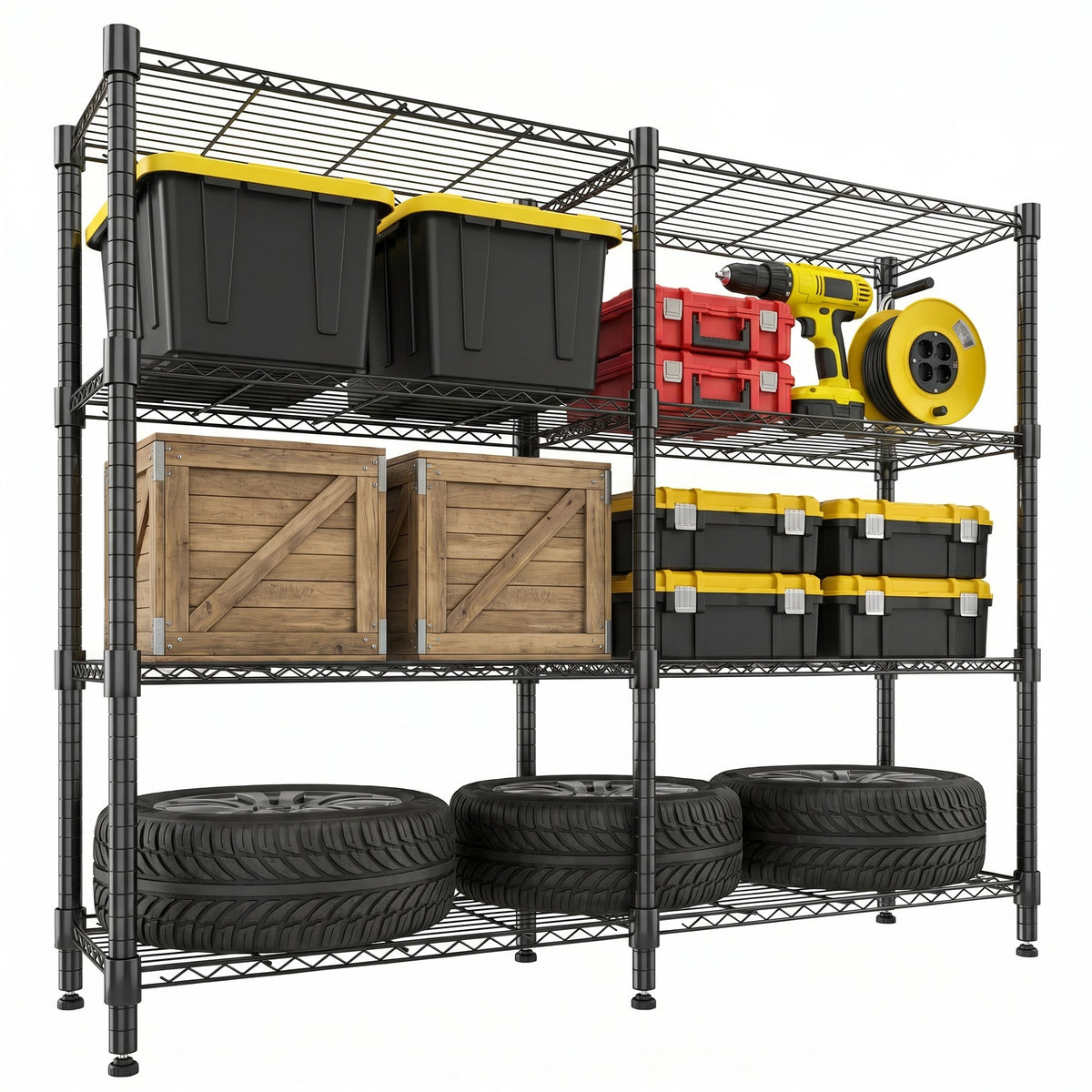 Legooin 72x18x60 inch Ultra-Wide Wire Shelving Garage Organizer 4-Tier Adjustable Industrial Shelf Corner Storage Rack 1600lbs Load Capacity, Black