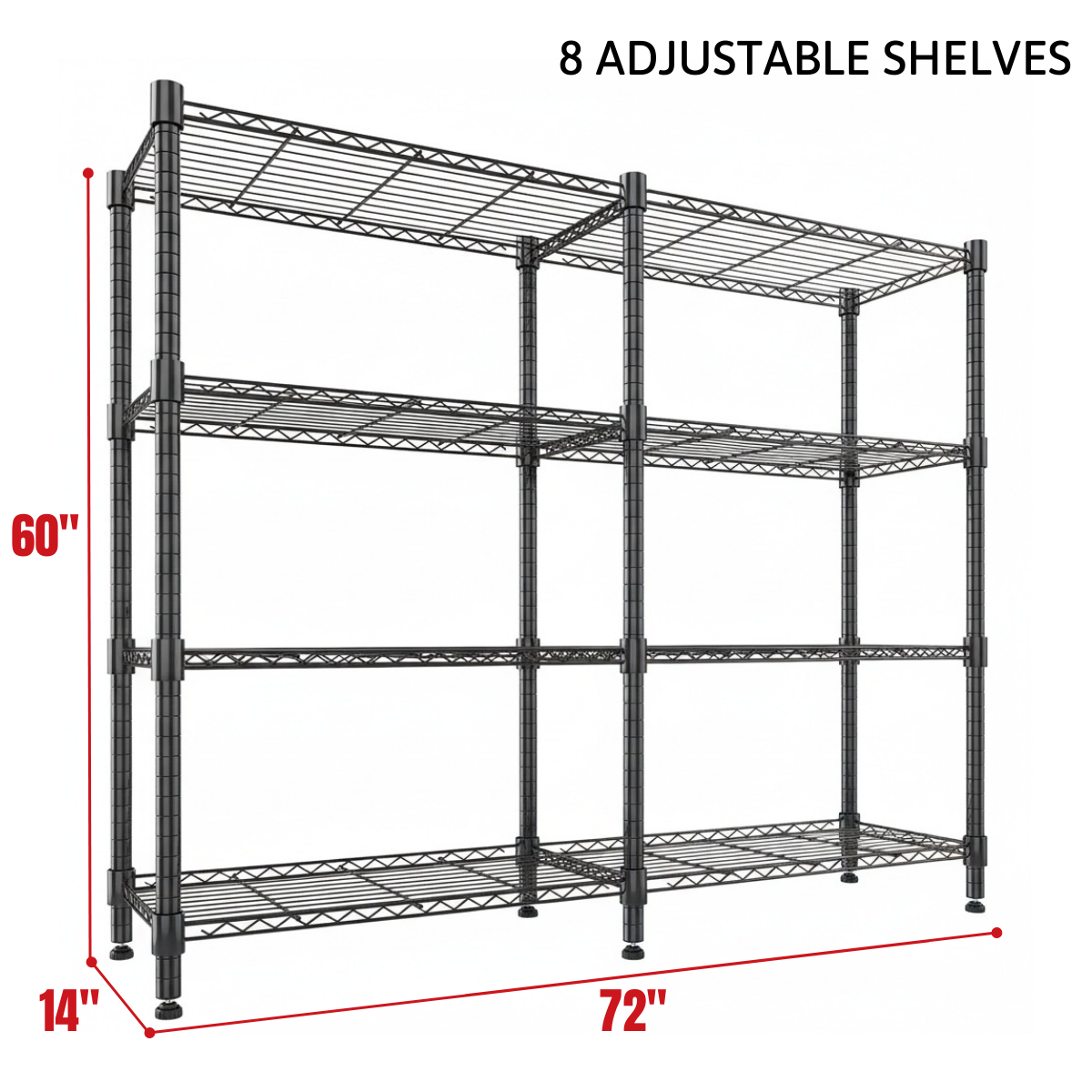 Legooin 72x18x60 inch Ultra-Wide Wire Shelving Garage Organizer 4-Tier Adjustable Industrial Shelf Corner Storage Rack 1600lbs Load Capacity, Black