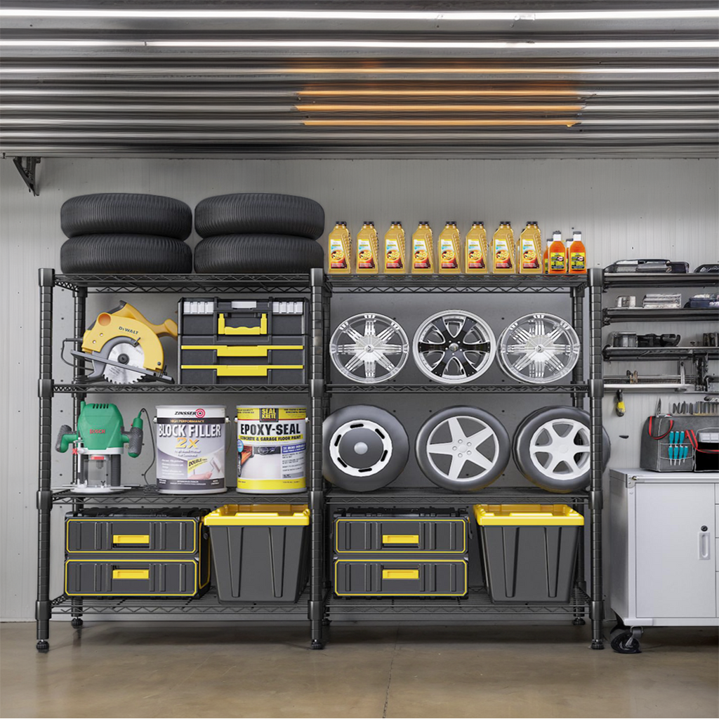 Legooin 72x18x60 inch Ultra-Wide Wire Shelving Garage Organizer 4-Tier Adjustable Industrial Shelf Corner Storage Rack 1600lbs Load Capacity, Black