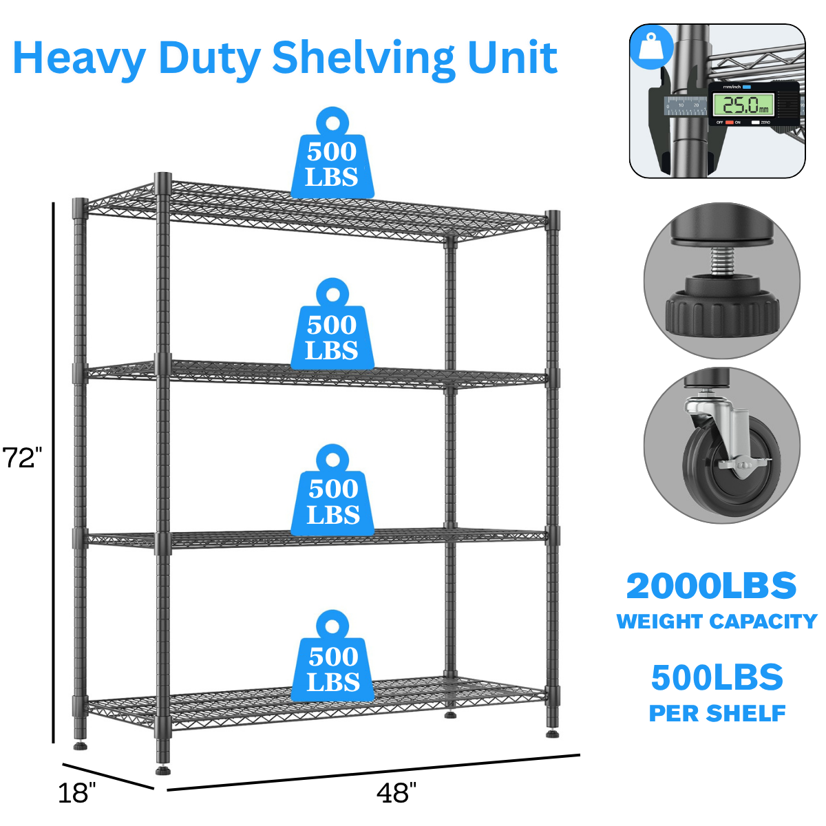 Legooin 48x18x72 inch Heavy Duty Wire Shelf on Wheels Garage Rack Shelving Unit Industrial Shelf Residential Storage 2000lbs Capacity, Black
