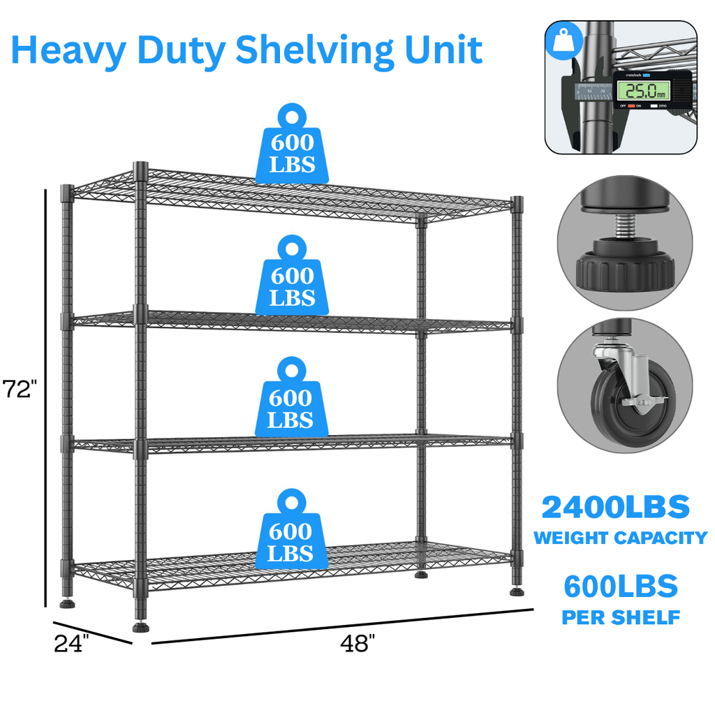 Legooin 48x24x72 inch Heavy Duty Wire Shelving Garage Shelf Storage Rack Industrial Residential Freestanding Shelf for Warehouse Pantry, Black
