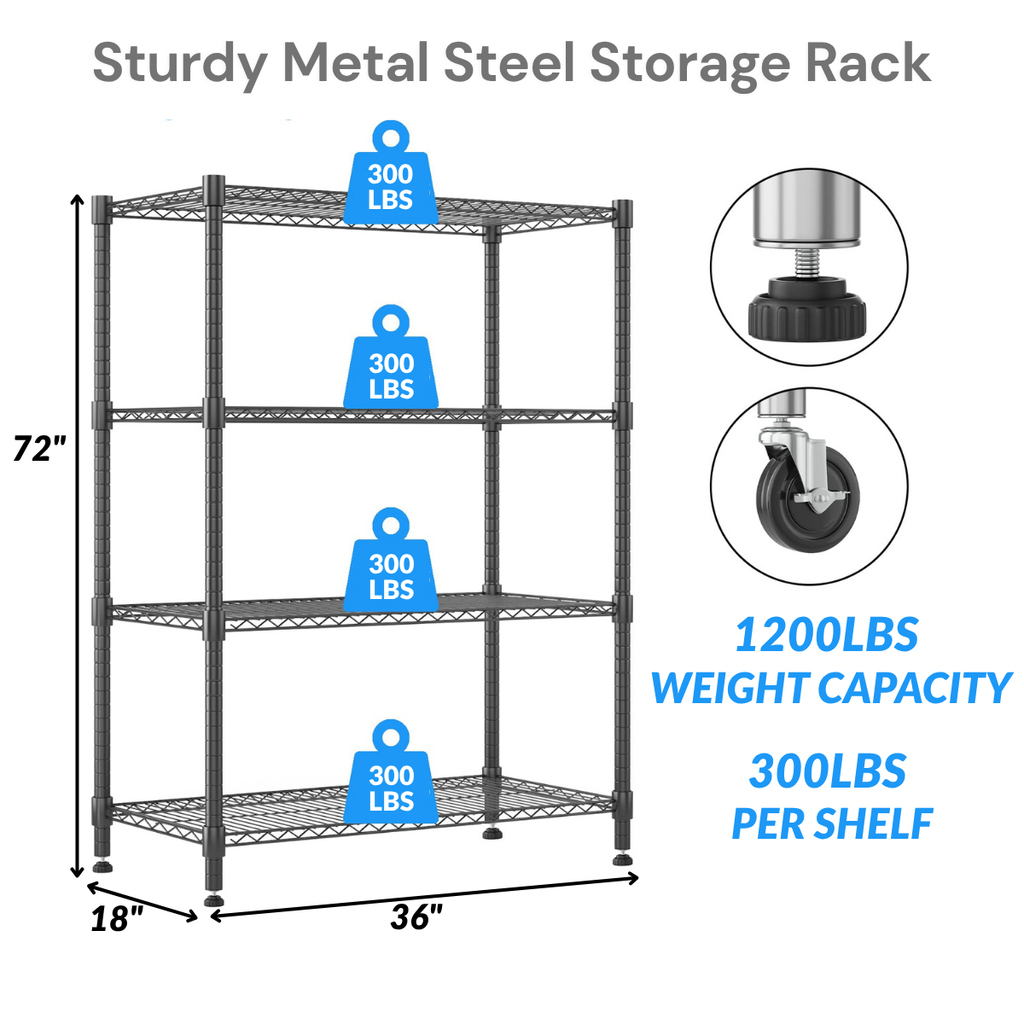 Legooin 18"D x 36"W x 72"H Wire Shelving Unit with Wheels 4-Tier Rolling Garage Shelf Kitchen Storage Rack Capacity for 1600lbs, Black