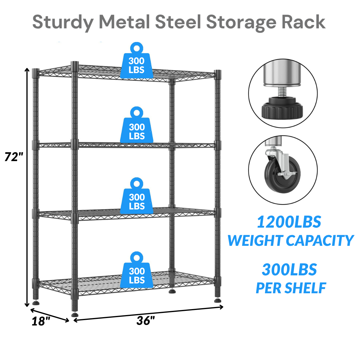Legooin 18"D x 36"W x 72"H Wire Shelving Unit with Wheels 4-Tier Rolling Garage Shelf Kitchen Storage Rack Capacity for 1600lbs, Black