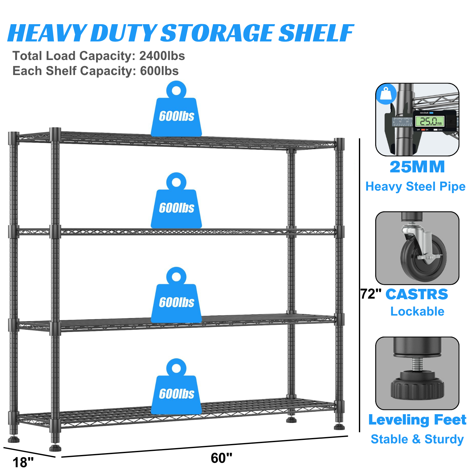 Legooin 18x60x72 inch Industrial Garage Shelf with Wheels Storage Rack Heavy Duty Metal Shelving Unit for Industrial Residential Use, Black