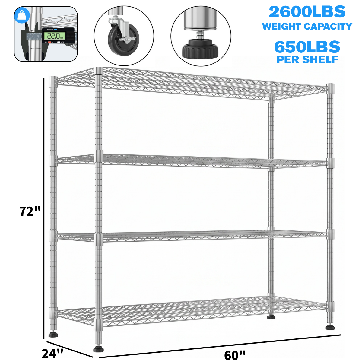 Legooin 24x60x72 inch Heavy-Duty Shelving for Garage Storage 4-Tier Industrial Shelf on Wheels Metal Storage Rack Capacity for 2600 lbs, Silver