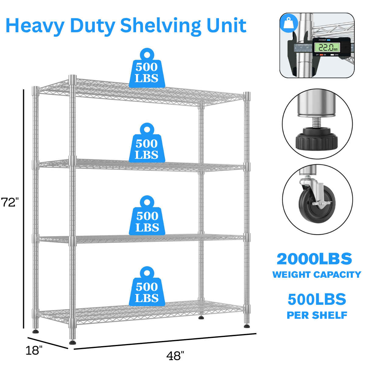 Legooin 18x48x72 in Heavy Duty Garage Wire Shelf Metal Storage Rack Industrial Shelving Unit Residential Storage for Warehouse Balcony, Silver