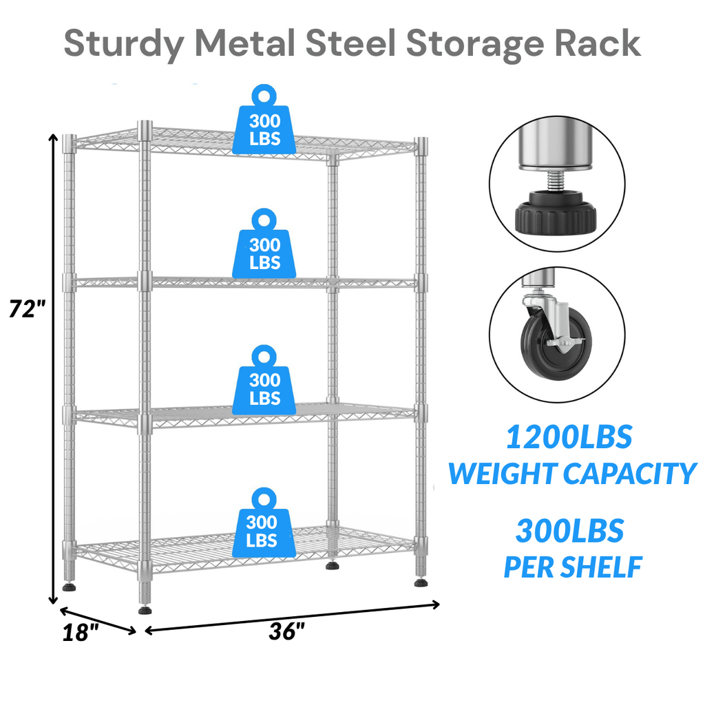 Legooin 18x36x72 inch Rolling Storage Rack 4-Tier Wire Shelving Unit Utility Rack for Garage Kitchen Pantry 1600lbs Load Capacity, Silver