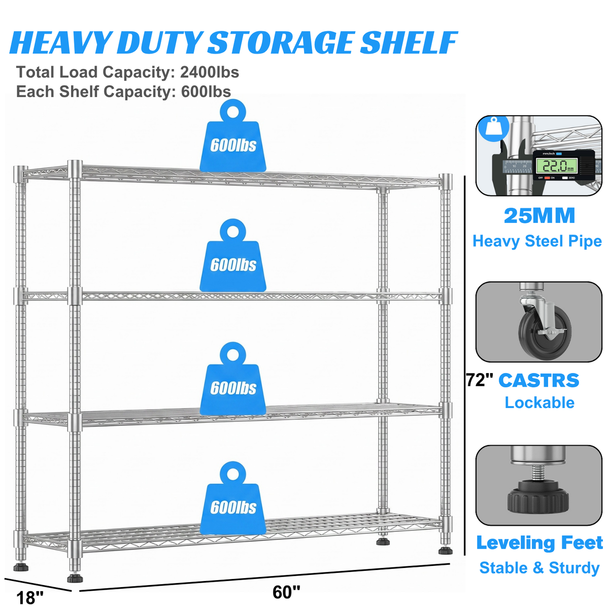 Legooin 60"W x 18"D x 72"H Heavy Duty Garage Shelving Unit on Wheels Storage Rack Height Adjustable Organizer Rack for Warehouse Pantry, Silver