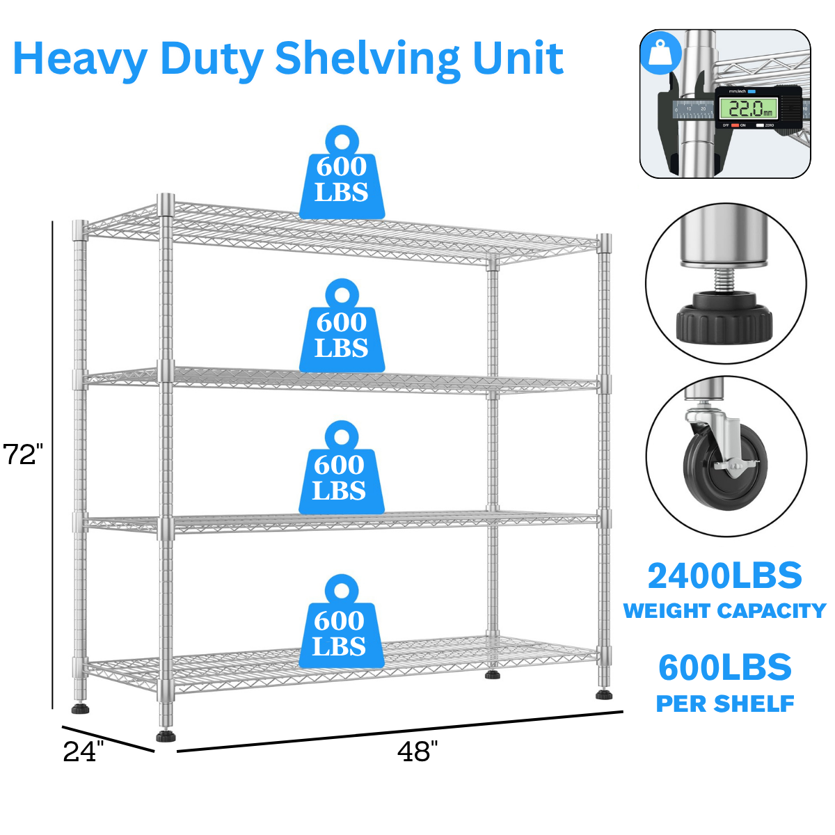 Legooin 24"D x 48"W x 72"H Metal Storage Rack Adjustable Storage Wire Shelf Garage Shelf with Wheels for Residential and Industrial Use, Silver