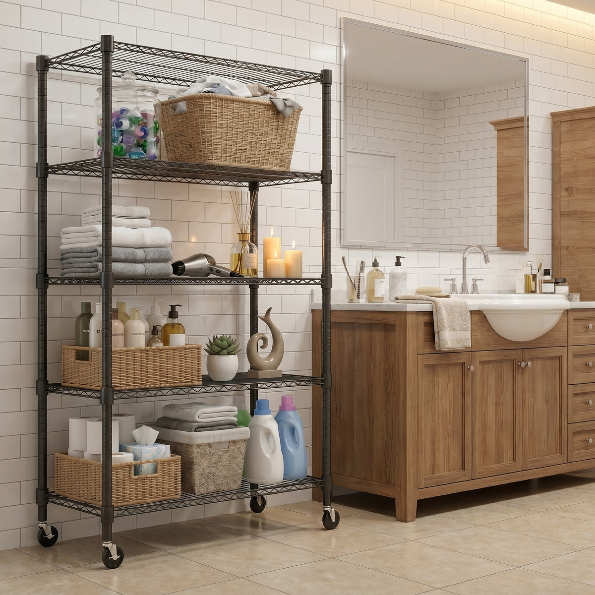 Legooin 36"W x 18"D x 82"H Heavy Duty Storage Shelf Garage Rack with Wheels Adjustable Shelving Unit for Residential Industrial Use, Black